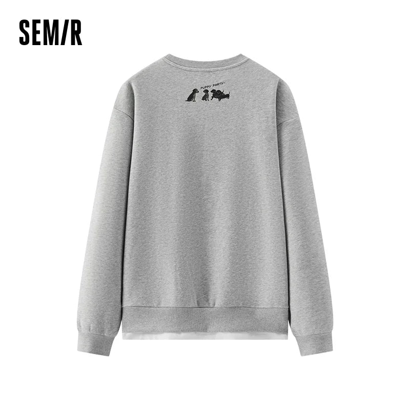 Semir Women Sweatshirt Fleece Lined Layered Look Dog Graphic Mid Length Urban Casual Style 2026 Winter Warm Layer Everyday Wear