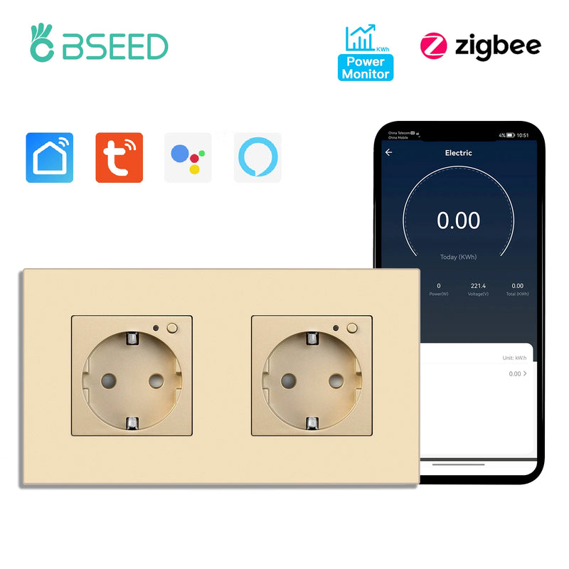 BSEED EU Standard Zigbee Wall Socket Smart Power Monitor Socket 220V 16A Plastic Panel Tuya Alexa Google Smart Life Control