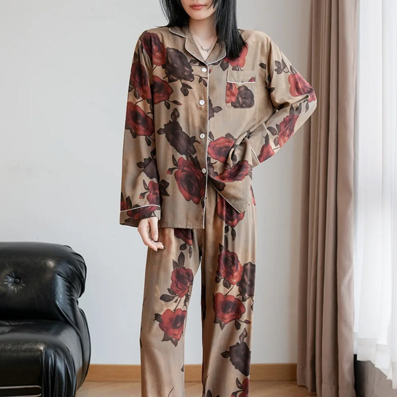 Floral Sleepwear Pijama Women's Pajamas Spring Autumn Night Wear for Ladies Pyjama Femmes Long-sleeved Trousers Home Nightwear