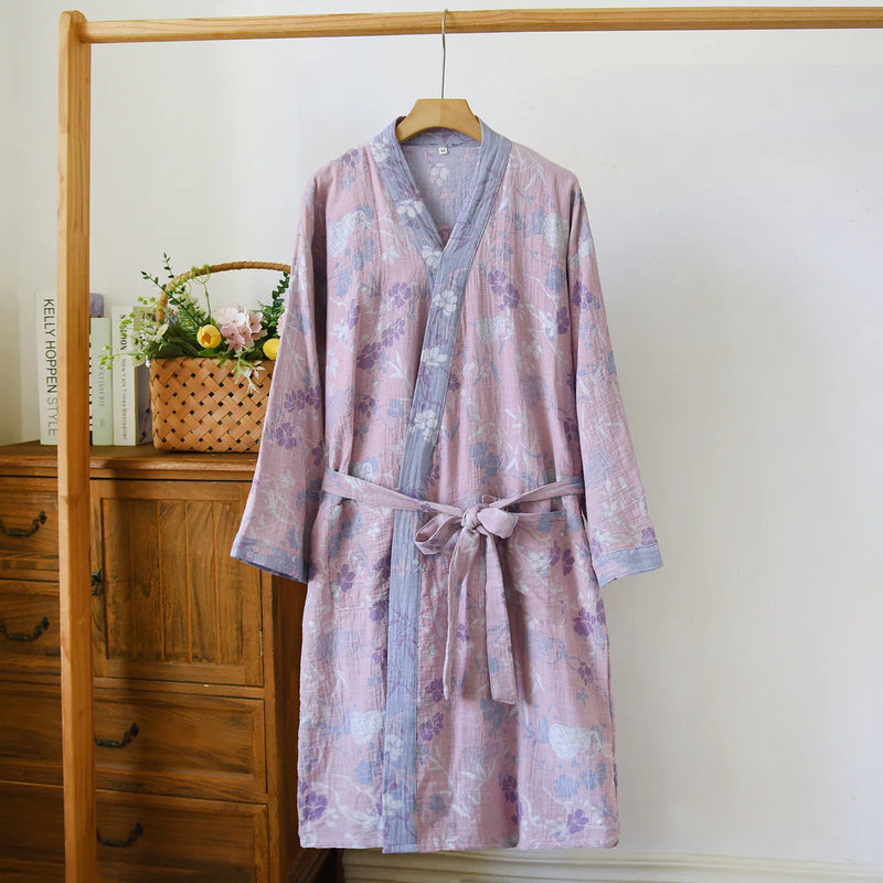 Kimono Robe Women's Bathrobe Female One Piece Pajamas Loungewear for Spring and Autumn 2026 New Floral 100% Cotton Home Servic