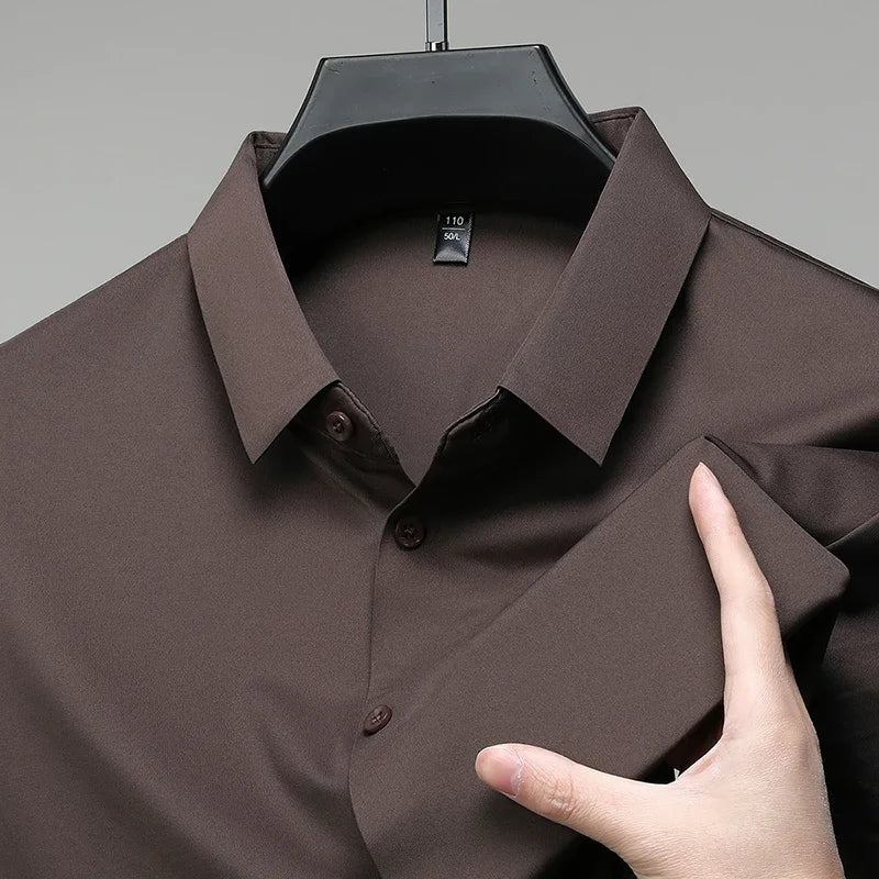 New Men's Business Casual Solid Color Short Sleeved Shirt for Summer Fashion No Ironing Comfortable and Versatile Top