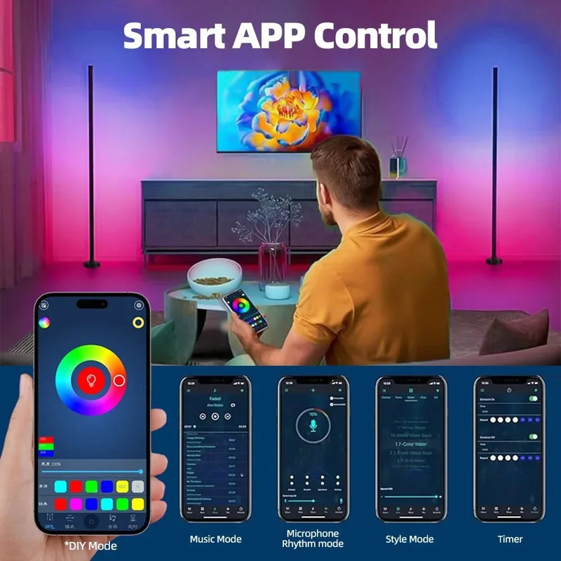 ចង្កៀង LED ឈរលើកម្រាលឥដ្ឋ ភ្លើង RGBIC បរិយាកាស ភ្លើងបំភ្លឺជ្រុង ធ្វើសមកាលកម្មតន្ត្រី សម្រាប់បន្ទប់គេង បន្ទប់ទទួលភ្ញៀវ ពន្លឺផ្ទៃខាងក្រោយ ការគ្រប់គ្រង APP