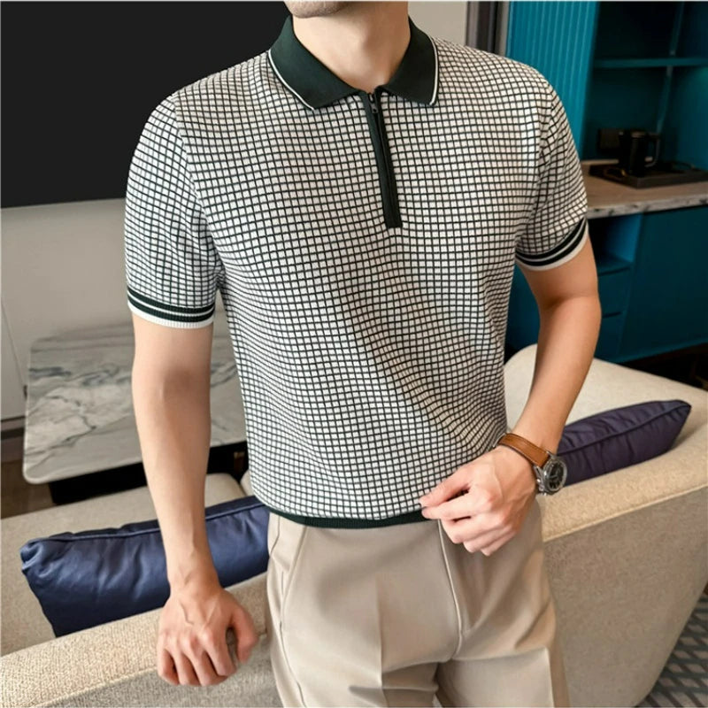 Men's Summer Slim Fit Knitted Polo Shirt - Mature Style Short Sleeve Grid Pattern Business Casual Top with Contrast Collar