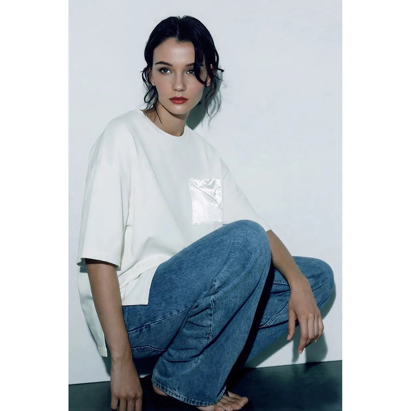 Amii Women's T-Shirt 2026 Summer New Oversized Cotton Short Sleeve Tops Side Slit Mid Length Patch Pocket Tee Shirt 12642037