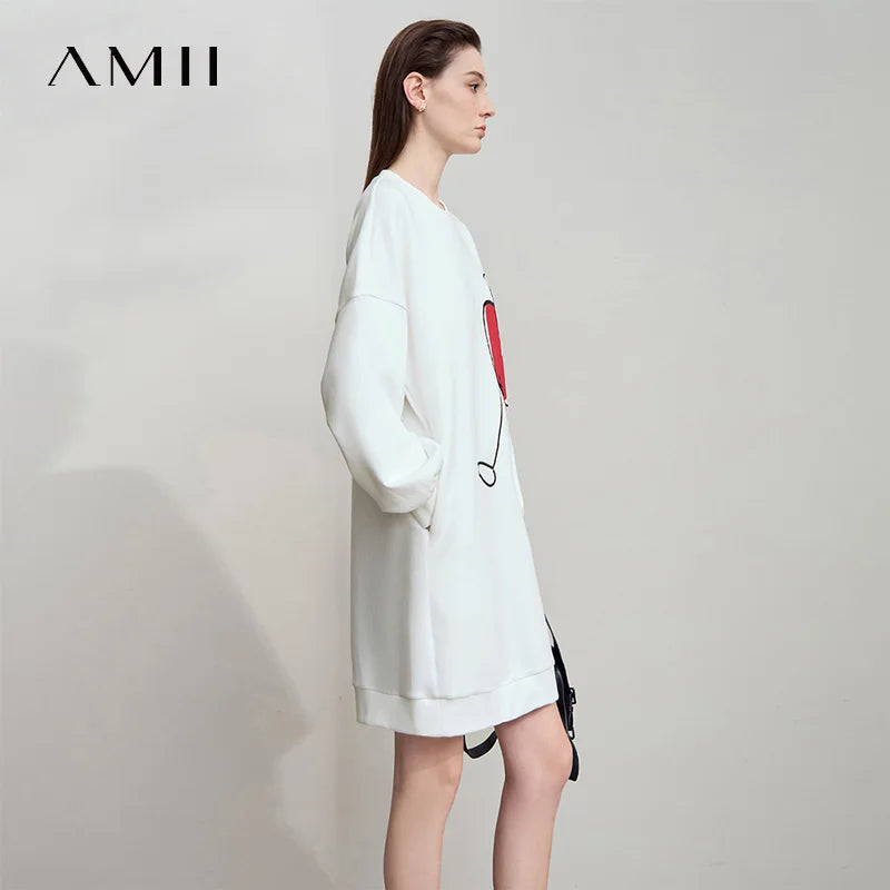 AMII Casual Dresses 2026 New Autumn Print Embroidery Long Sleeves Drop Shoulder Round Neck Pocket Loose Sweatshirt Dress12523017