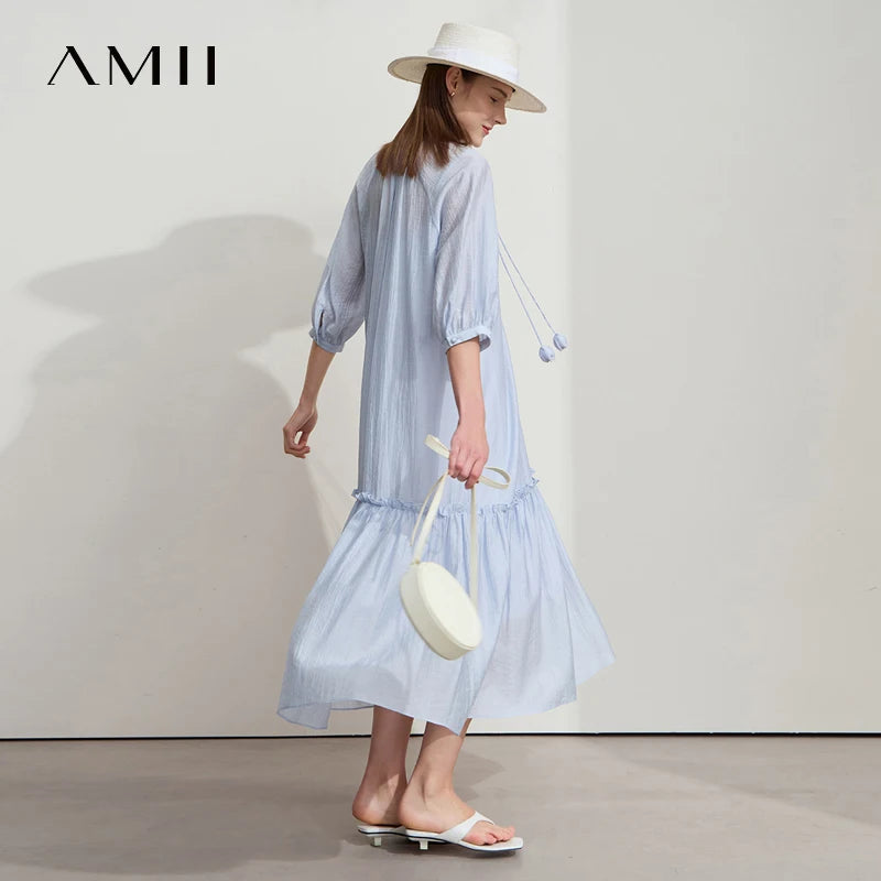 រ៉ូបការិយាល័យ AMII Minimalist សម្រាប់ស្ត្រីឆ្នាំ ២០២៦ រដូវក្តៅថ្មីដៃខ្លីក V រ៉ូបរឹងជ្រួញសម្រាប់ស្ត្រី ១២៥៤២១០៥