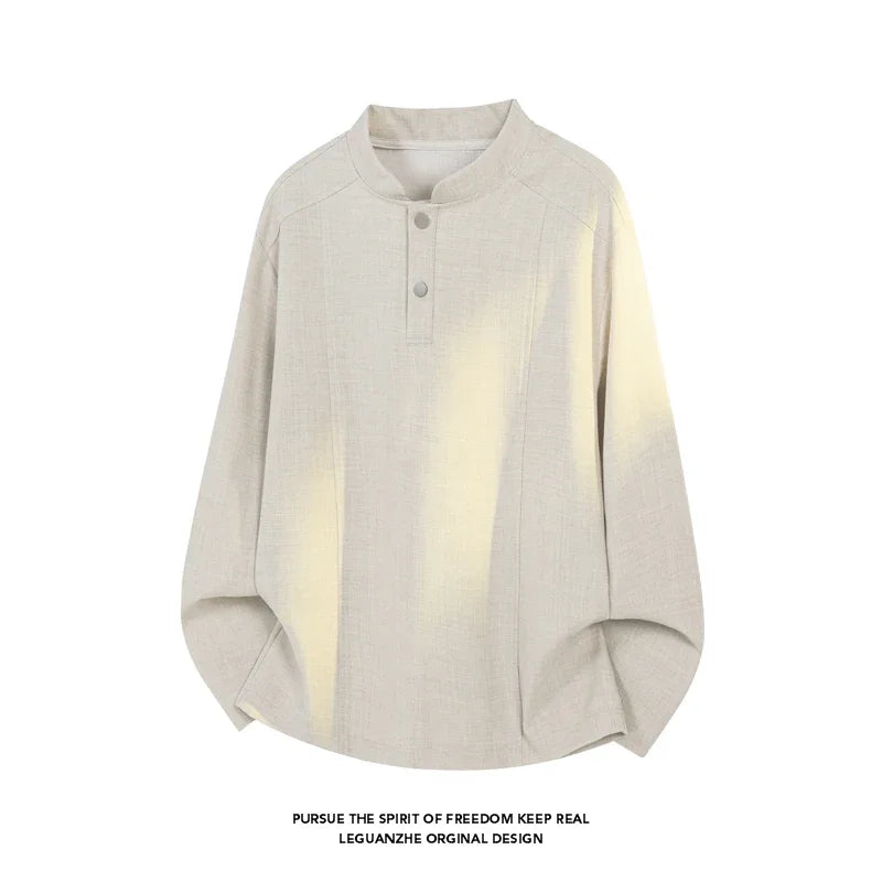 Mens Stand Collar Long Sleeve Top Partial Button Closure Decorative Seam Craft Loose Fit For Office Commute Leisure Outfit