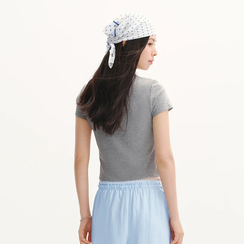 Semir Women Tshirt Short Lace Fake Two Piece Beaded Letter Slim Fit Short Sleeve 2026 New Elegant Daily Top Wear