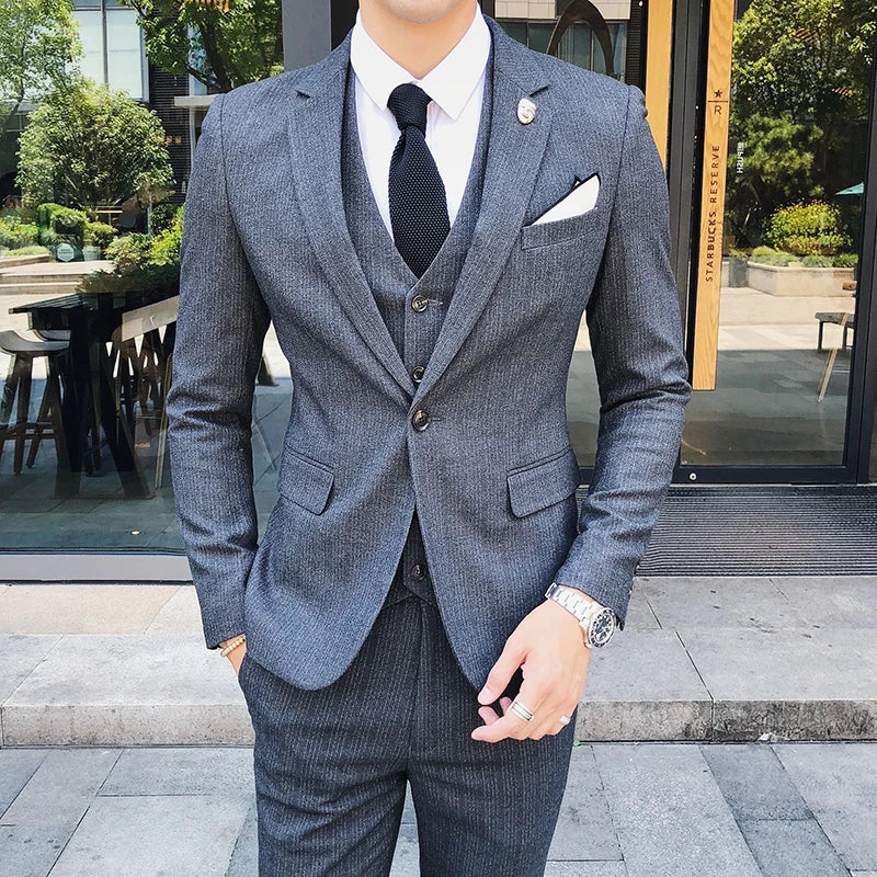 2026 Men Black Classic Striped/Checked Suits, Men's Business Office 3-Piece, Asian Size Slim Fit Sets, Blue/Gray Available