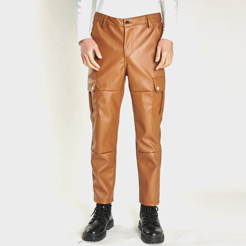 Multi-pocket Men's Casual PU Pants, Fashionable Biker Leather Pants, Windproof and Waterproof Dirt-resistant Trousers,Size S-5XL