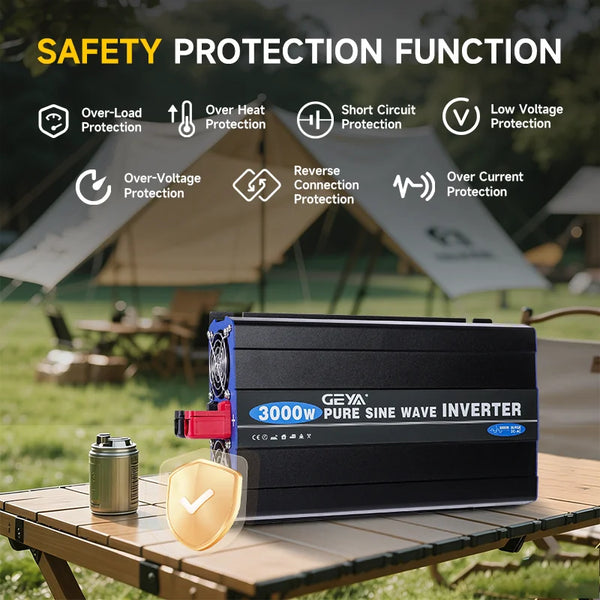 ឧបករណ៍បម្លែងភ្លើង GEYA Pure Sine Wave Car Power Inverter DC 12V ទៅ AC 220V រន្ធដោត EU ជាសកលសម្រាប់ RV, ឡានដឹកទំនិញ, គ្រឿងបន្ថែមរថយន្តដើរដោយថាមពលព្រះអាទិត្យ