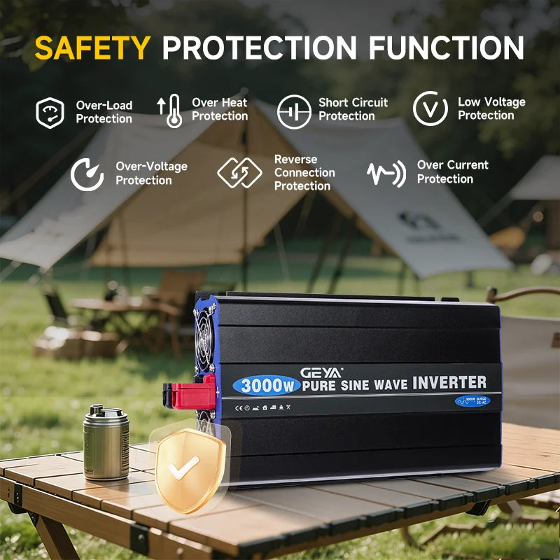 ឧបករណ៍បម្លែងភ្លើង GEYA Pure Sine Wave Car Power Inverter DC 12V ទៅ AC 220V រន្ធដោត EU ជាសកលសម្រាប់ RV, ឡានដឹកទំនិញ, គ្រឿងបន្ថែមរថយន្តដើរដោយថាមពលព្រះអាទិត្យ