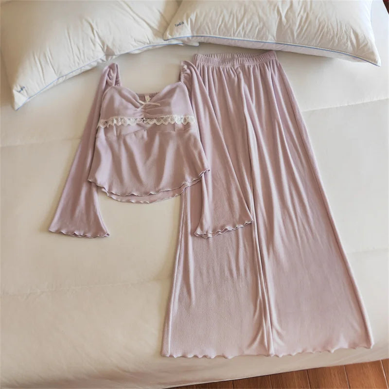 New Sleepwear Women's Spring/Autumn Chest Pad Pajama Long-Sleeved Top and Trousers Loungewear Set Nightwear for Woman Home Wear