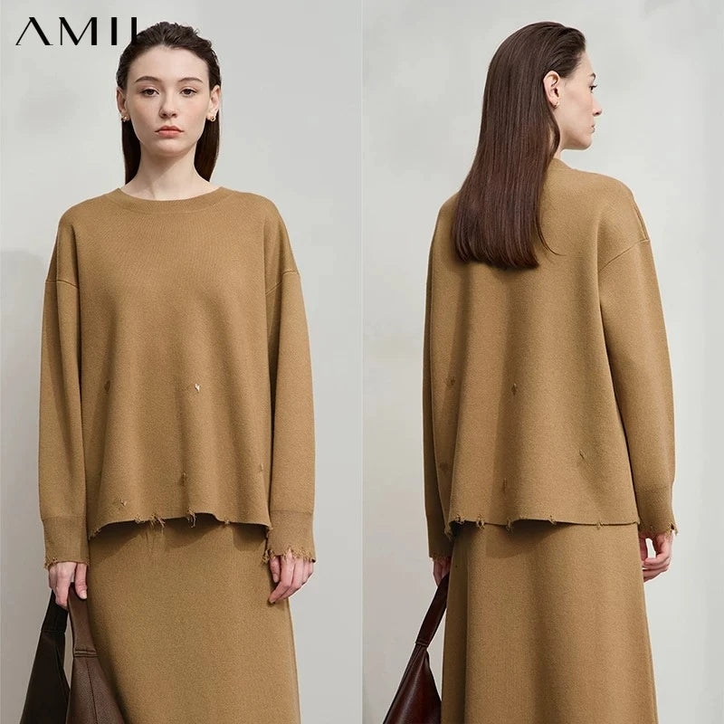 AMII Women's Sweater 2026 Autumn New Solid Color Commuter Pullover Top Female Office O-Neck Long Sleeve Sweater Women 12554007