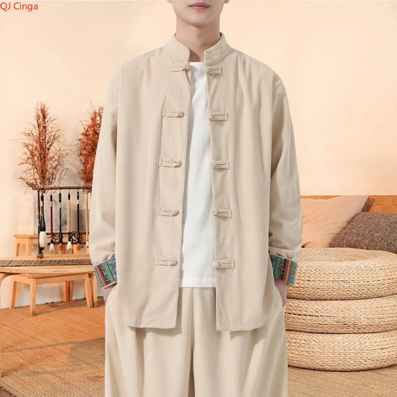 Retro-style Men's Black Long-sleeve Jacket with Chinese Dragon Motif, Single-breasted Stand-up Collar Coat.pink,Red,Apricot Top.