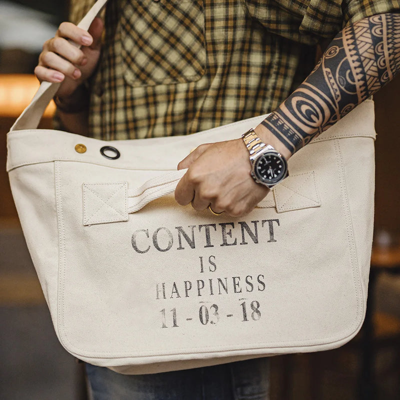 Maden Vintage Motorcycle Newsboy Bag Large-Capacity Canvas Messenger Bag with Printed Letters Versatile Crossbody Bags for Men