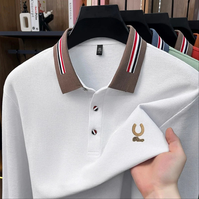 Quality 100%Cotton Man Long-Sleeved Polo Shirt Lapel Button Color Blocking Letter Pattern Embroidery Autumn New Leisure Menswear