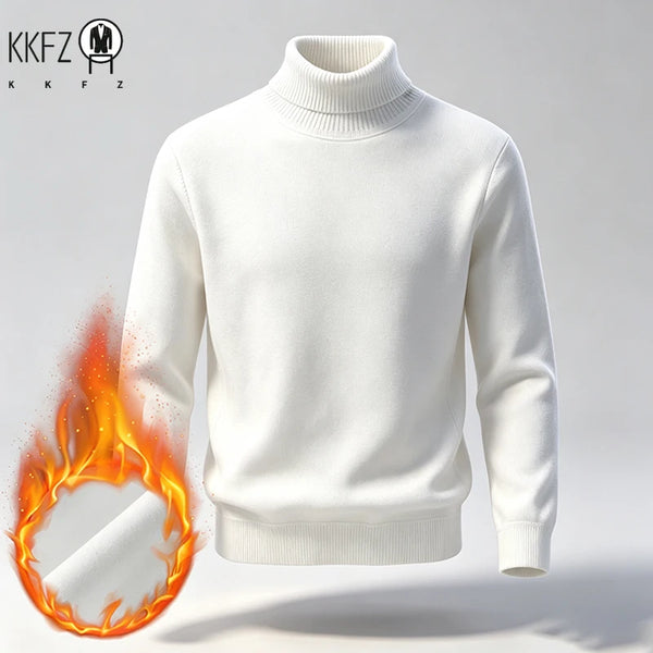 Men Fleece Lined Turtleneck Knit Sweater Ribbed Cuff Thermal Pullover For Winter Urban Daily Commute And Street Casual Outfits