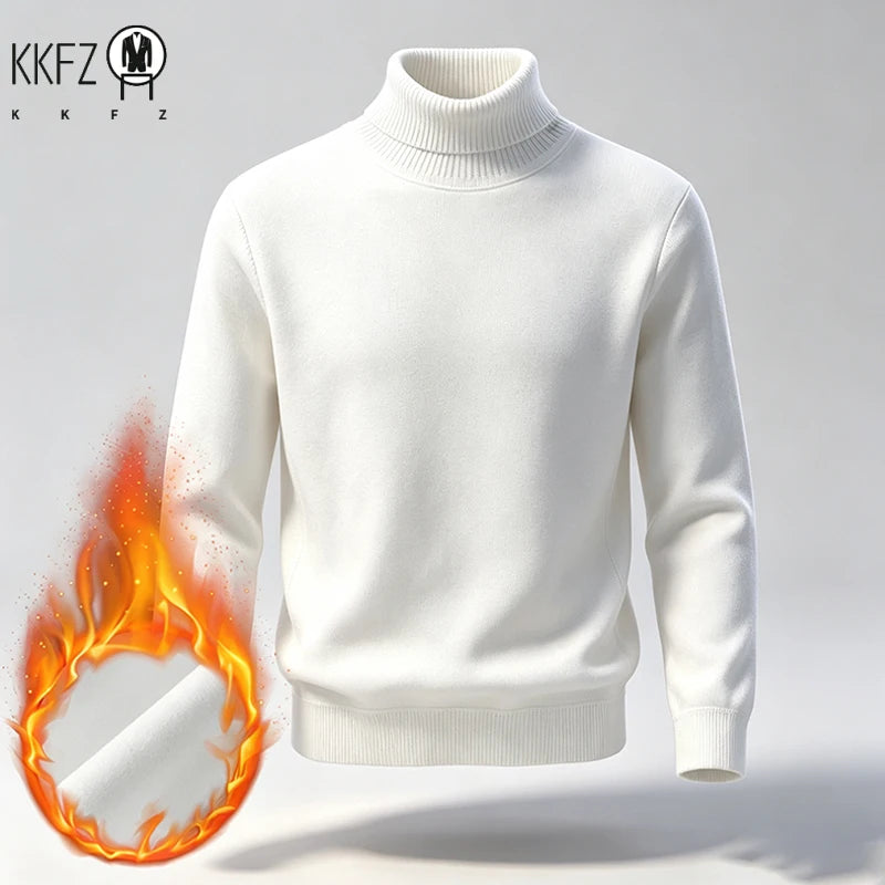 Men Fleece Lined Turtleneck Knit Sweater Ribbed Cuff Thermal Pullover For Winter Urban Daily Commute And Street Casual Outfits