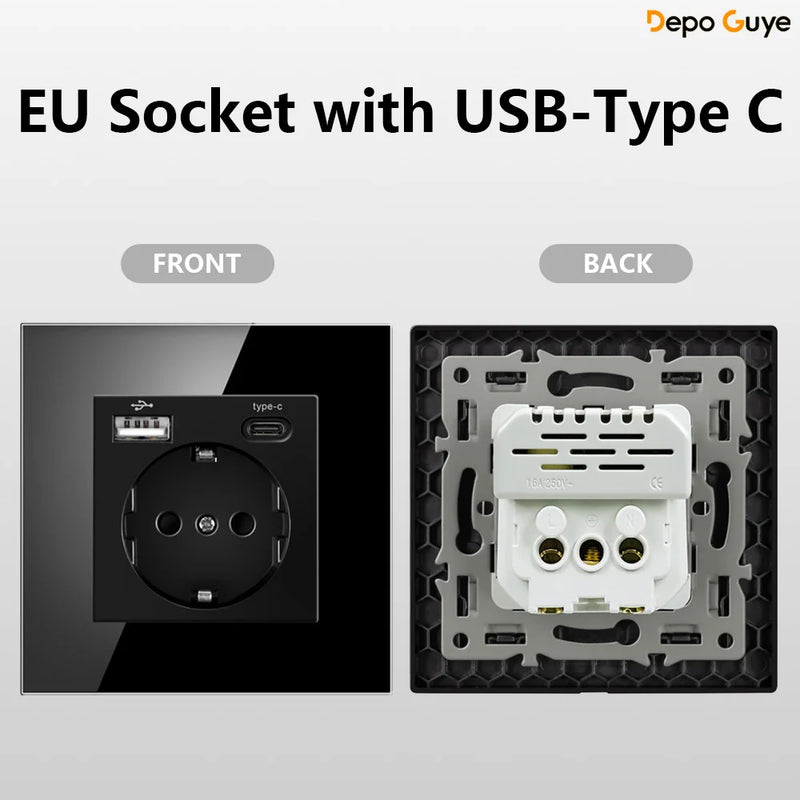 European Standard 4 Gang Wall Power Socket 16A Glass Panel with Dual USB Type-C Ports White/Black Industrial Home Hotel