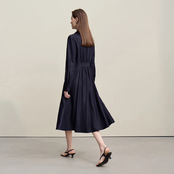 Amii Women's Dresses 2026 Autumn New Holiday Style V-neck Lapel Asymmetrical Pleated Dress Slim A-Line Female Dress 12641049