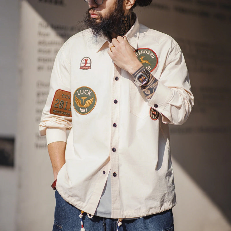 Maden Men's Vintage Patch Embroidery Long Sleeved Shirt White Single-Breasted Pocket Blouse Lightweight Patchwork Jacket Shirt