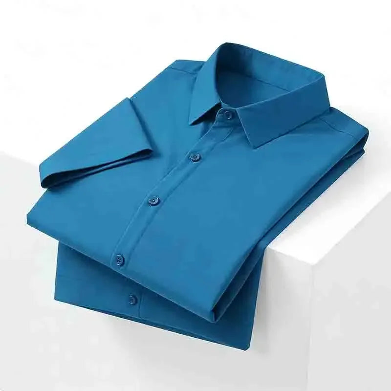 Men's Navy Blue Short Sleeve Dress Shirt Slim Fit Non-iron Formal Business Button Down Shirt for Office