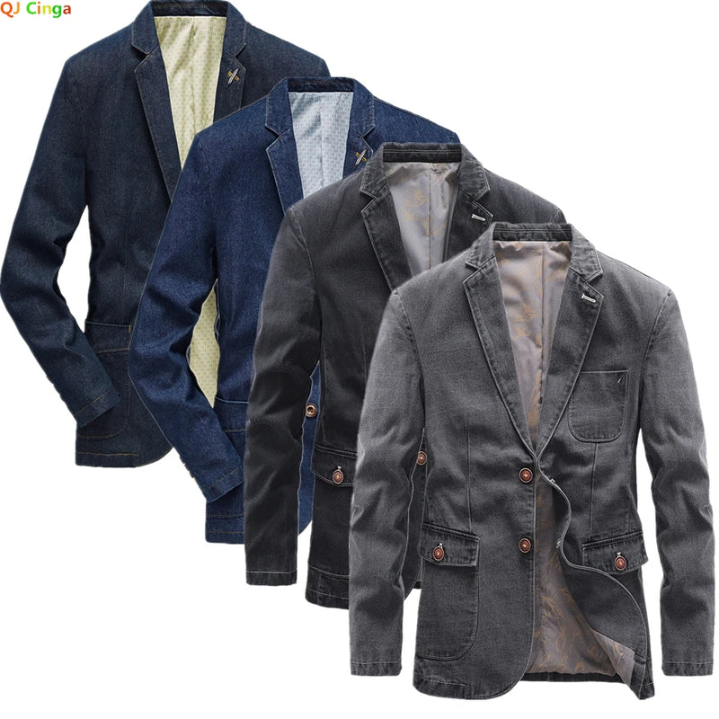 2026 New Men's Blue Denim Suit Jacket, Single-breasted V-neck Casual Coats, Black Gray Blazers S-XXXXL