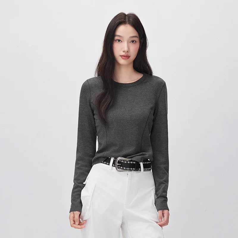 Semir Women Knit Tshirt Cropped Solid Color Crew Neck Brushed Fabric Slim Fit Panel Design Minimal Design 2026 New