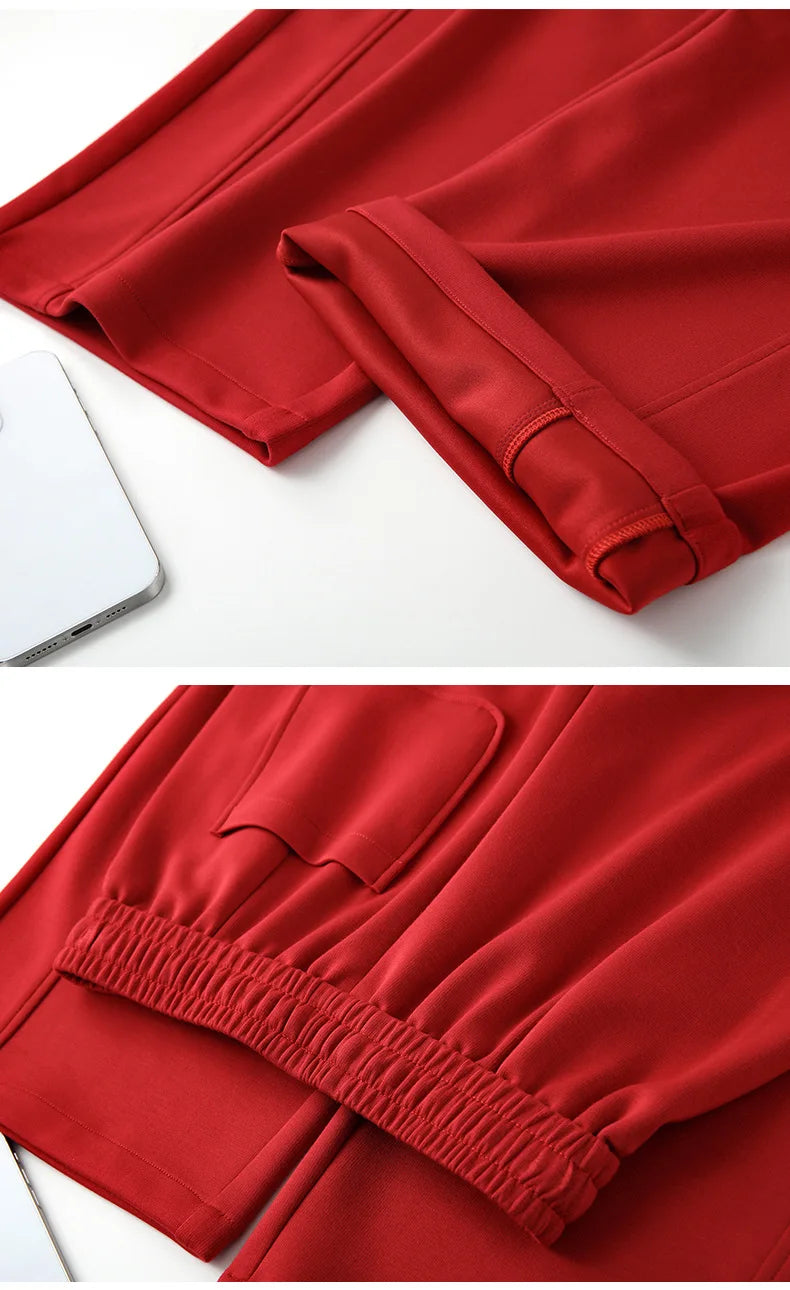Bright Red Women's High-waisted Wide-leg Pants; Black Athletic and Casual Trousers for Spring and Fall; Asian Sizes S–XXL.