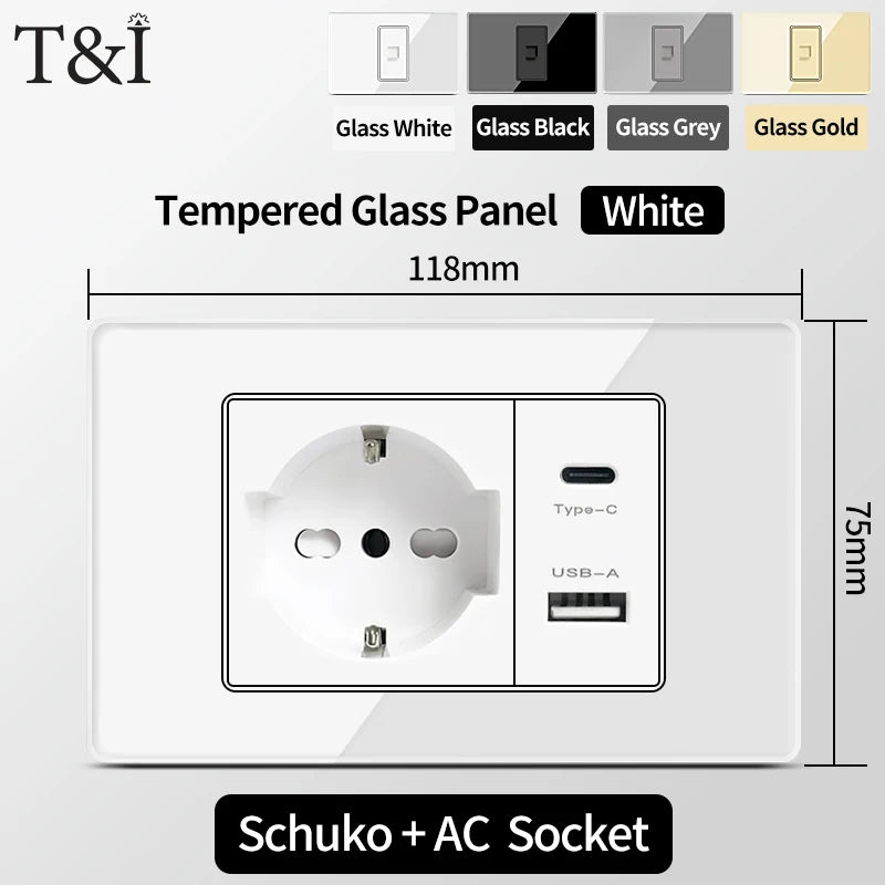 T&I Wall Switch Sockets With USB TypeC  Fast Charging, Italy Socket , Chile Schuko Outlet, Tempered Glass Panel for Home