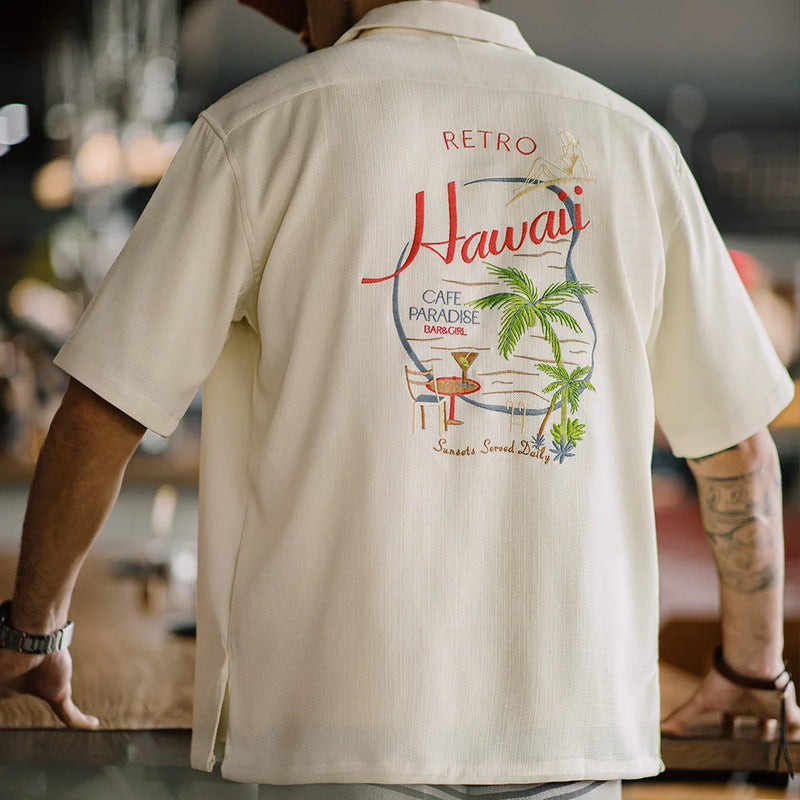 Maden Summer Hawaiian Embroidered Short Sleeve Shirt Men's Cuban Collar Lapel Draping Shirts Daily Vacation Versatile Tops