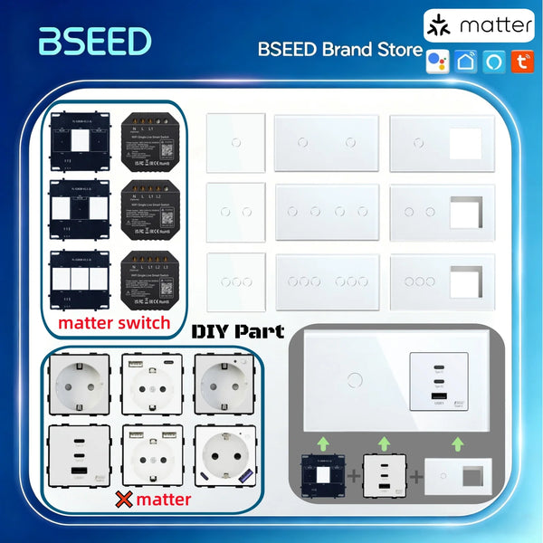 BSEED Matter Touch Light Switch Part Glass Panel Only Smart Switch Work With Tuya Smart Life APP EU Socket Outlets Module