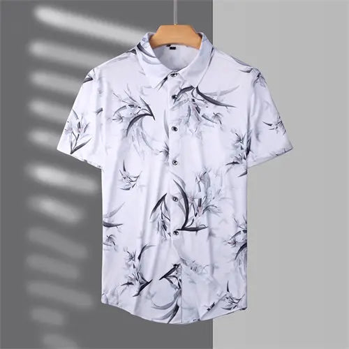 2026 Summer Men's White Short-Sleeved Printed Shirt, Blue Single-Breasted Lapel Shirts, Asian Sizes M-7XL.
