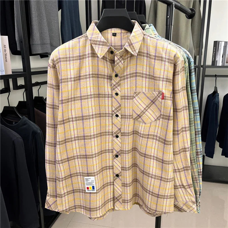 Street Fashion Plaid Shirt Loose Fit Chest Pocket Woven Label Autumn Casual Button Down Layered Overshirt