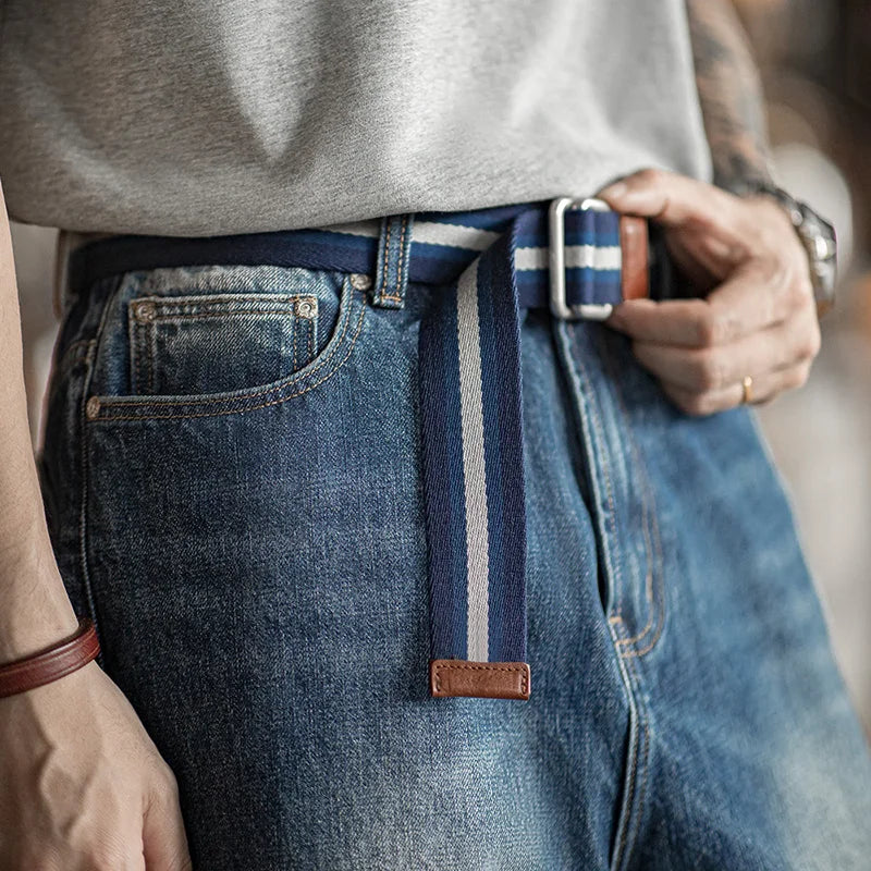 Maden Retro Double-ring Buckle Striped Belt without Punching Woven Canvas Accessories Trouser Belt for Men