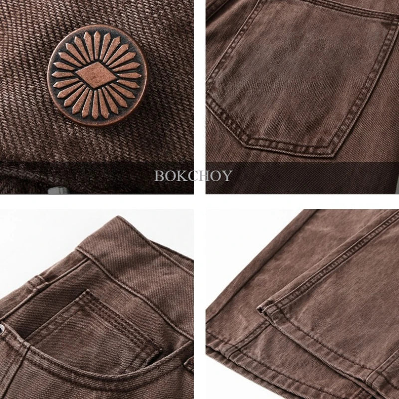 2026 Autumn New Vintage Washed Straight 100% Cotton Jeans for Men Clothing Comfort Zipper Fly Wide-leg Culottes