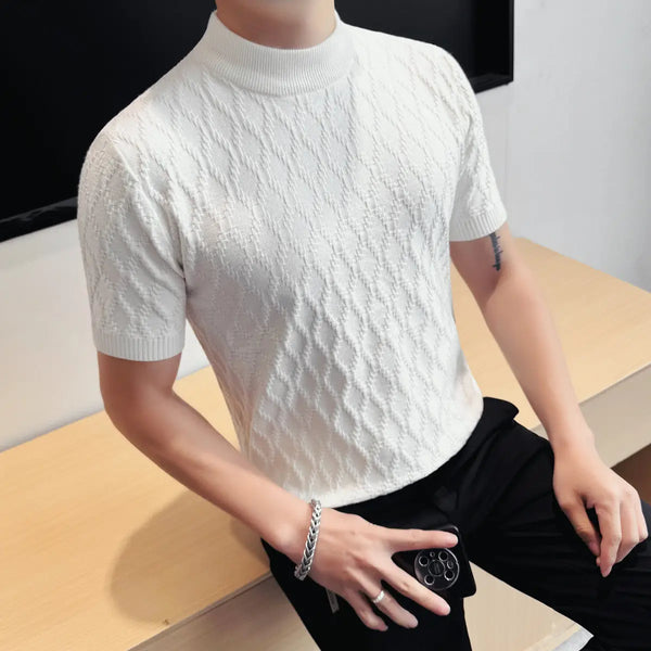 Men's Slim Fit Mock Neck Short Sleeve T-Shirt - Diamond Texture Knitted Top Slim-fit Men's Short-sleeve T-shirt Stretchable