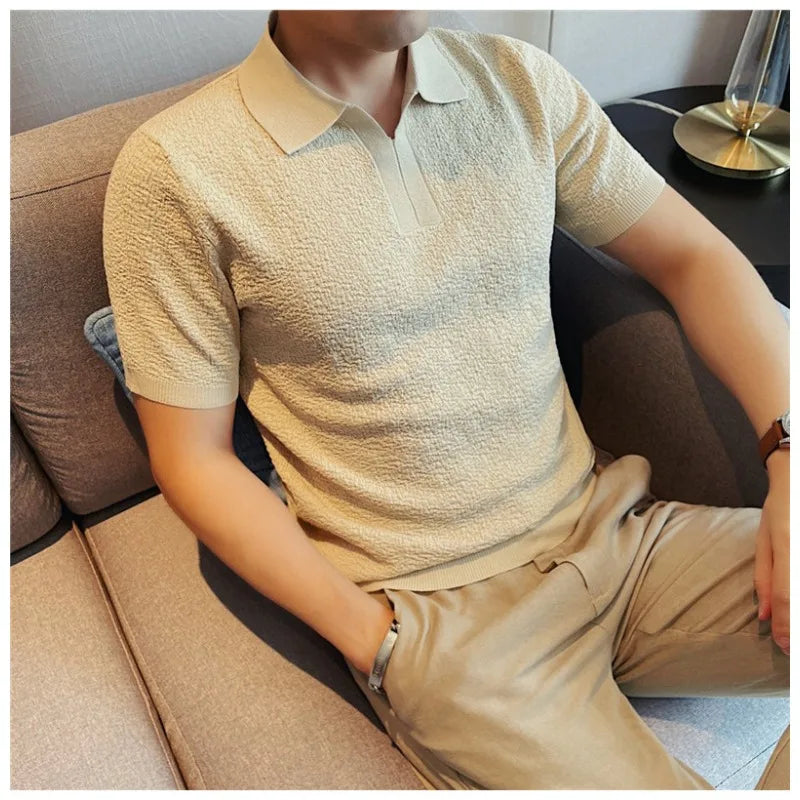 Men's Summer Cooling Ice-Silk High-Stretch Polo Shirt – Breathable Slim-Fit Short Sleeve Business Casual Top with Textured Knit