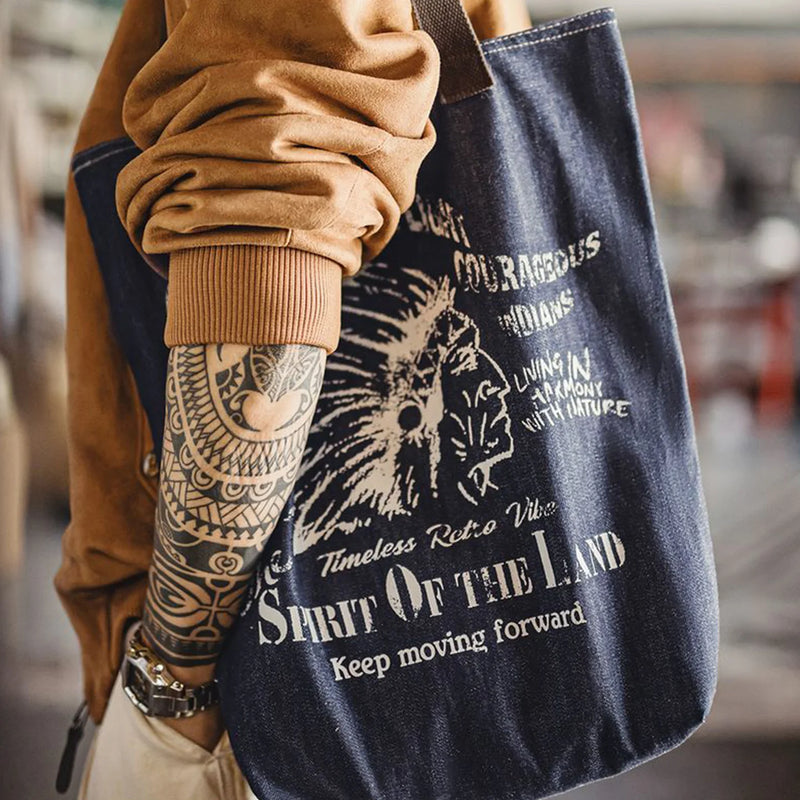 Maden Vintage Denim Tote Bag with Indian Pattern Large Capacity Single Shoulder Bags Commuter Handbag for Men and Women