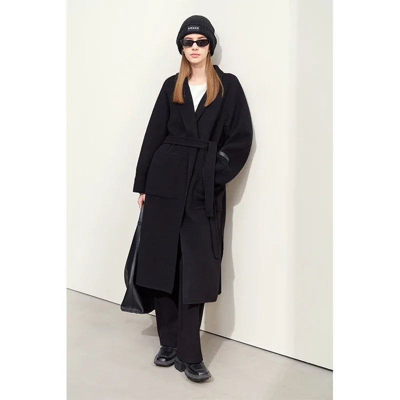 Amii Minimalist Woolen Coat Woman Splicing V-neck with Belt Commuter 2026 Winter New All-wool Double-sided Woolen Coat 12424010