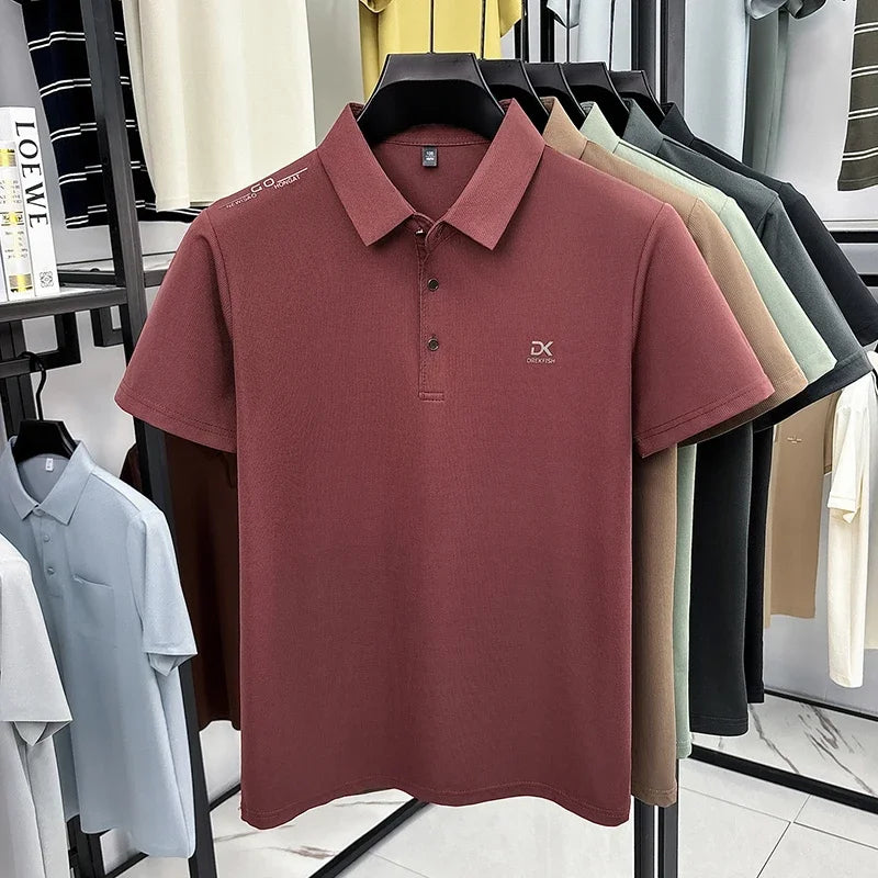 Mens Classic Short Sleeve Polo Shirt Lapel Style Chest Embroidery Detail Breathable Top For Daily Commute And Outdoor Use