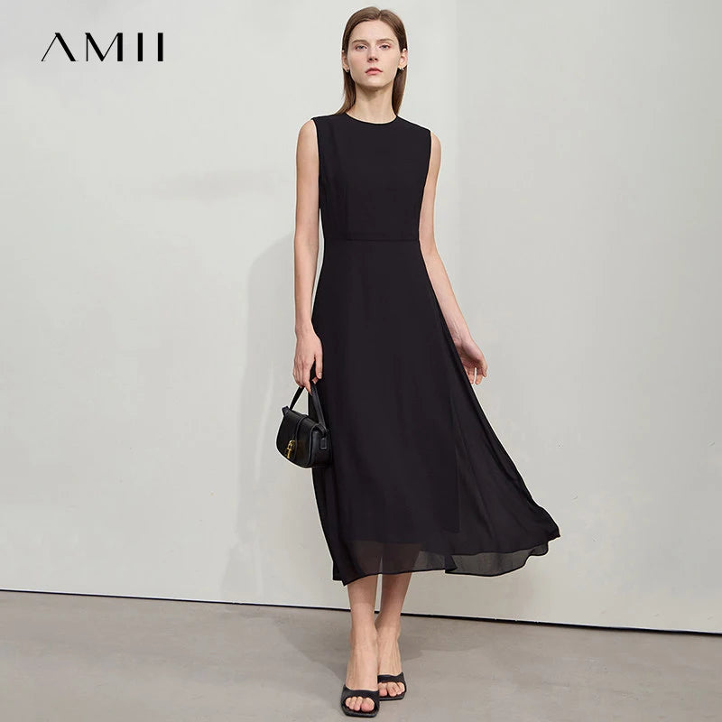 រ៉ូប Amii Minimalist ដៃខ្លីសម្រាប់នារីៗ រដូវក្តៅឆ្នាំ ២០២៦ រ៉ូបការិយាល័យថ្មី ក O ឆើតឆាយ ស្ដើង ផាសុកភាព រ៉ូប Midi ១២៥៥២០២៦