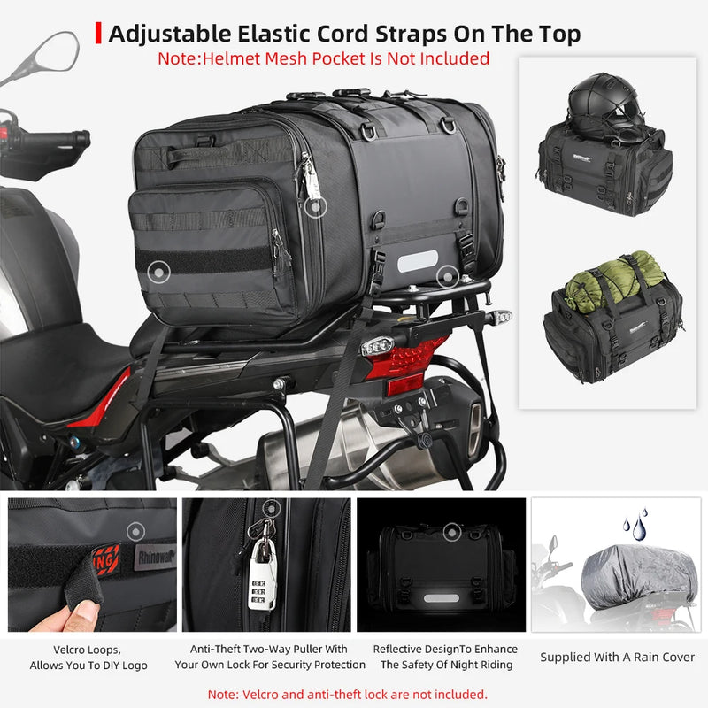 Rhinowalk Motorcycle Tail Bag Back Seat Case Waterproof 19-80L Expandable Storage Motor Saddle Bag Luggage Pannier 1 Piece