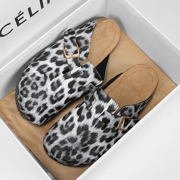 Unisex Leopard Print Cork Slippers Slip-On Backless Clogs Comfort Footbed Indoor Outdoor Sandals for Men and Women