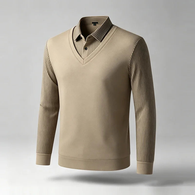 Men Fake Two Piece Long Sleeve Top V Neck Ribbed Sleeve Shirt Collar For Business Office Daily Commute Casual Outfits