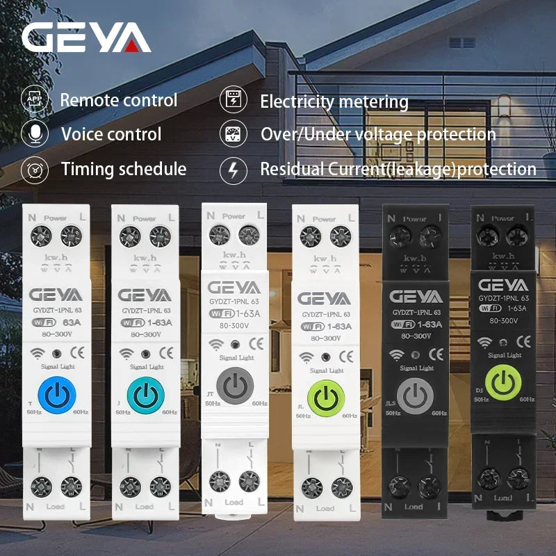 GEYA Tuya WiFi Smart Circuit Breaker MCB 63A Timer Power Energy KWh Voltage Current Meter Protector Remote Control Switch