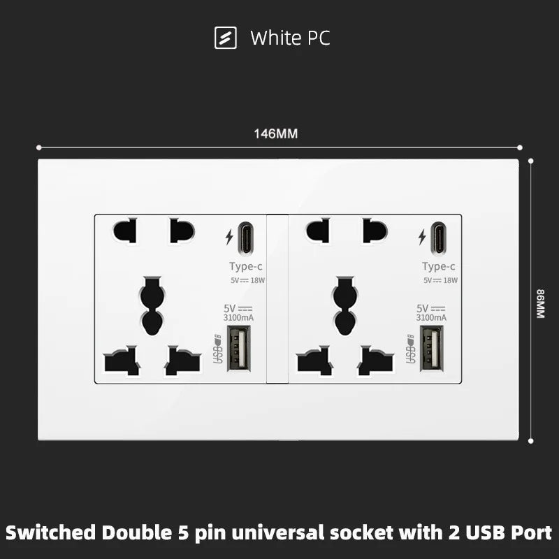 Depoguye UK standard Usb wall socket ,USB plug universal 5 hole outlet, 220v to usb Type-c  phone charging socket 146mm*86mm