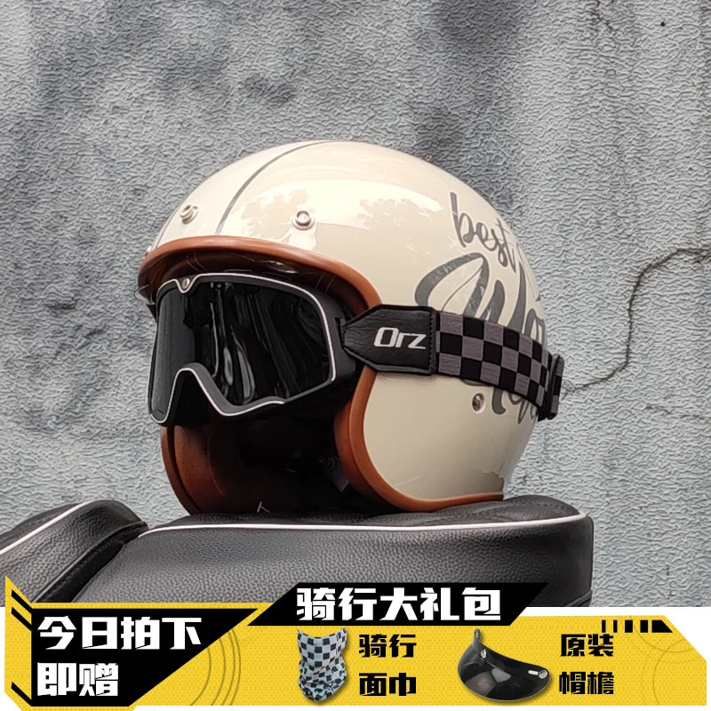 ORZ-060 Vintage 3/4 Jet Motorcycle Helmet Retro Open‑Face Half Helmet,Classic Chopper Scooter Riding Helmet Casque Moto