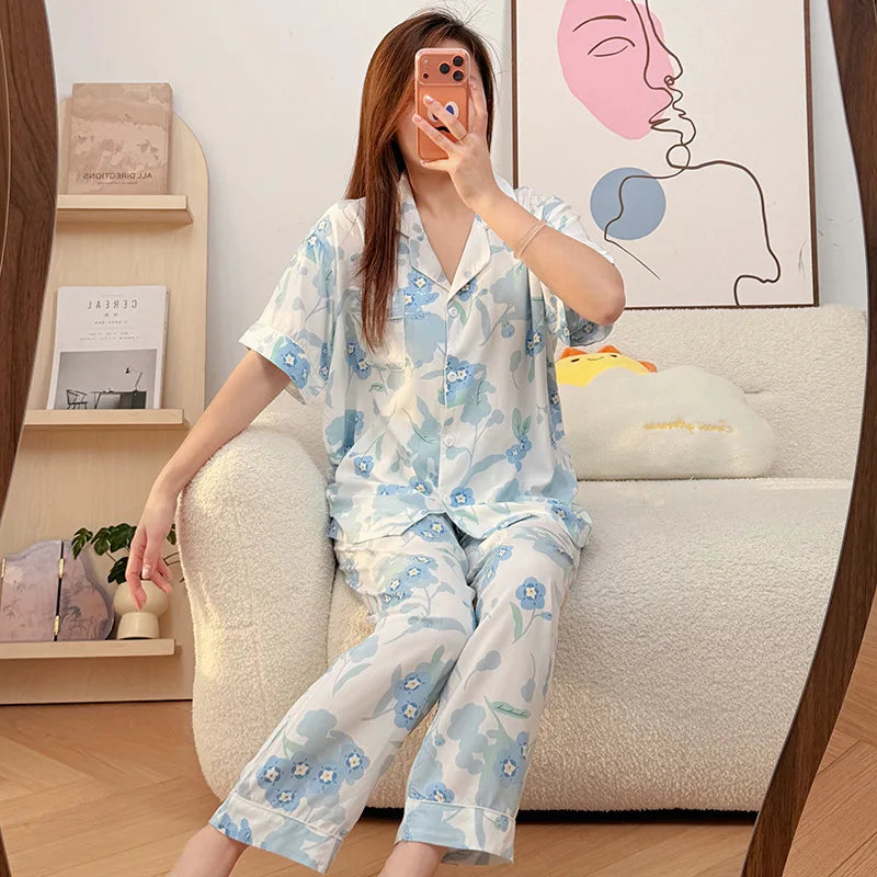Floral Short Sleeve Sleepwear Female Nightwear Pyjamas Women Summer Pajamas Lapel Top Trousers Home Suit Loungewear Set Pijama